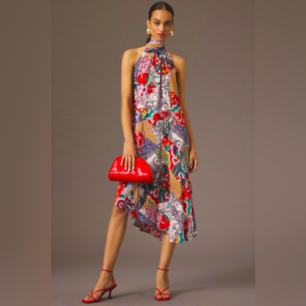 By Anthropologie Silk Halter Midi Dress. Patchwork paisley print. Sz M